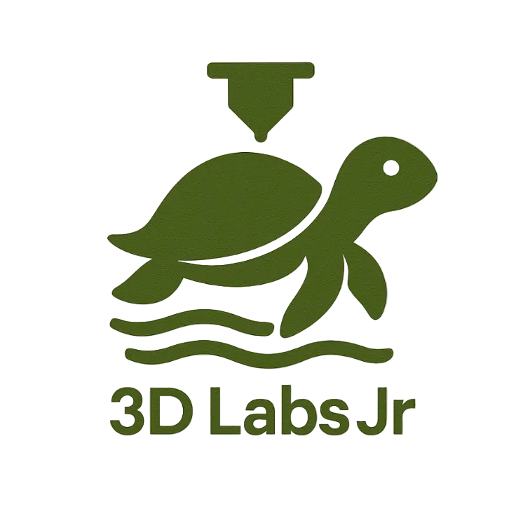 Logo of 3D Labs Jr with a green turtle and 3D printer on a beige background